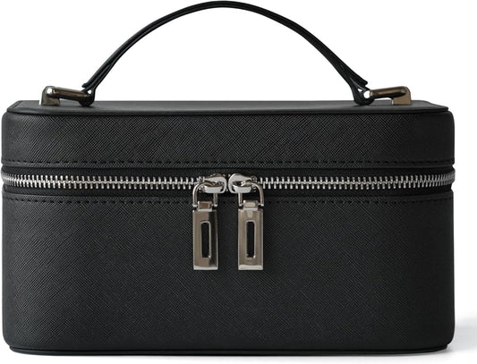 Popvibe Travel Makeup Bag with LED Mirror, Compact Make Up Vanity Case with Brush Storage and Top Handle, Light Up Makeup Case Traveling Leather Cosmetic Bag, Portable Medium Sized Train Case, Black