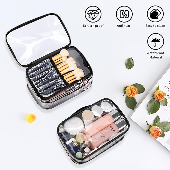 OCHEAL Clear Makeup Bag, Portable Cosmetic Organize,Travel Makeup Bag Cute Clear Pouch For Women and Girls Cosmetics Bags with Divider Makeup Brush Compartment-Large