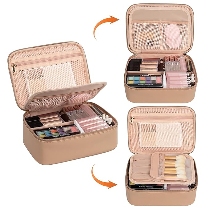 OCHEAL Makeup Bag, Cute Makeup Organizer Bag Potable Make up Bag for Toiletry Cosmetics Accessories with Divider and Brushes Compartments, Makeup Travel Case - Beige Apricot