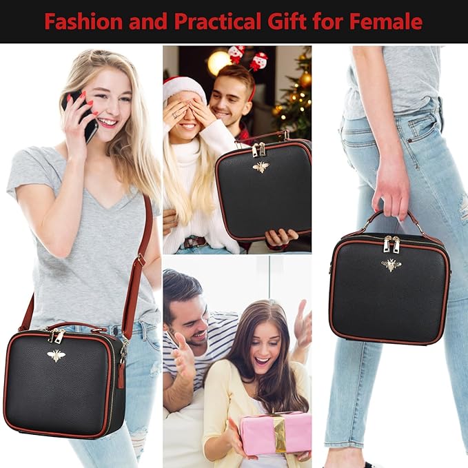 Travel Makeup Bag with Mirror of LED Lighted, Rechargeable Cosmetic Train Case Artist Makeup Organizer for Women with Adjustable Dividers, Makeup Brushes Holder and Strap (CosMirr-Black02)