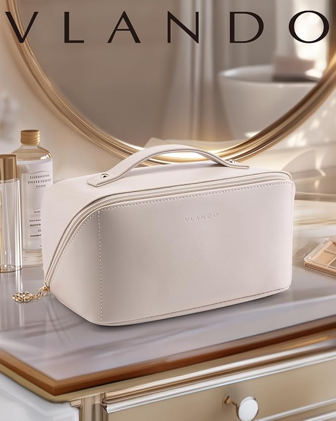 Vlando Travel Makeup Bag,Gifts for Women Large Capacity Toiletry Bag for Women Wide Open Cosmetic Organizer with Divider and Handle(White)