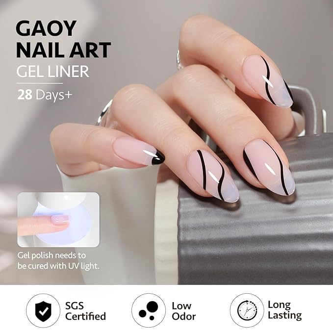 GAOY Black Swirl Gel Nail Polish Art Liner, 8ml Classic Color Nail Paint Design with Thin Brush, UV Light Cure for DIY French Manicure at Home