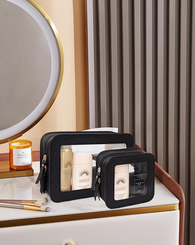 2 Pcs Travel Clear Makeup Bag Set, Clear White Makeup Organizer with Zipper Leather Travel Bags for Toiletries Small Cosmetic Bags for Women Mini Make up Pouch Toiletry Bags Car Essentials