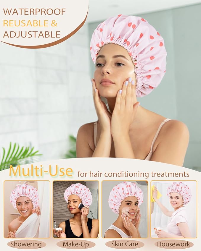 Shower Cap Large Shower Caps for Women Reusable Waterproof with Adjustable Band Double Layer Design Large Luxury Washable Bath Hair Bonnet (Pink Dot)