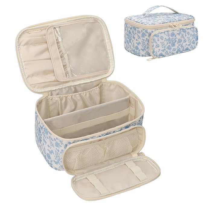 OCHEAL Makeup Bag, Multifunctional Make Up Bags Large Compact Makeup Bag Organizer Cosmetics Toiletry Brushes Storage Case for Women Girls Makeup Case with Handle Divider-Floar