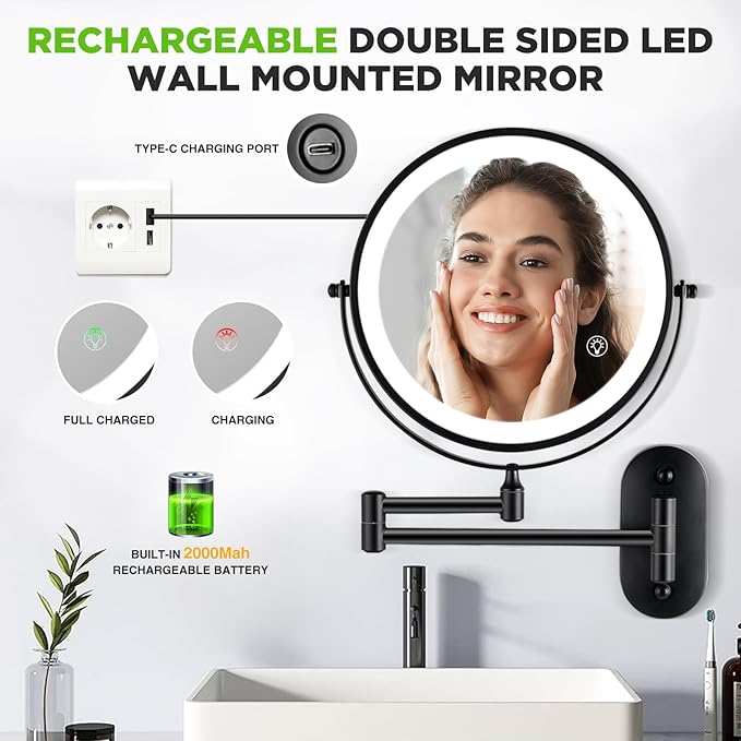 Wall Mounted Makeup Mirror: 1x/15x Magnifying Mirror with 8.5" Double Sided, Vanity Makeup Mirror for Bathroom, Brush Black