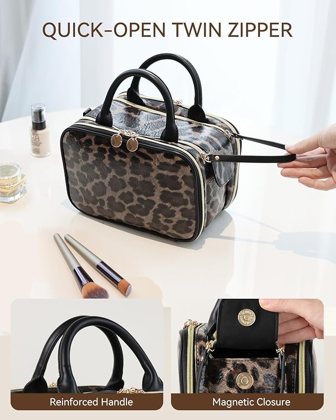 Prite Makeup Bag for Women, Large Capacity Waterproof Travel Cosmetic Organizer, Portable Open Flat Toiletry Bag with Free-standing Brush Holder and Handle(Leopard Print Medium)