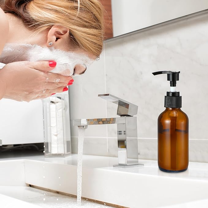 Tanlade 12 Pcs Glass Pump Bottle Dispenser 4 oz Travel Bottles with Pump Refillable Glass Containers for Toiletries Lotion Liquid Soap Shampoo Essential Oils Cosmetic Travel Accessories(Amber)