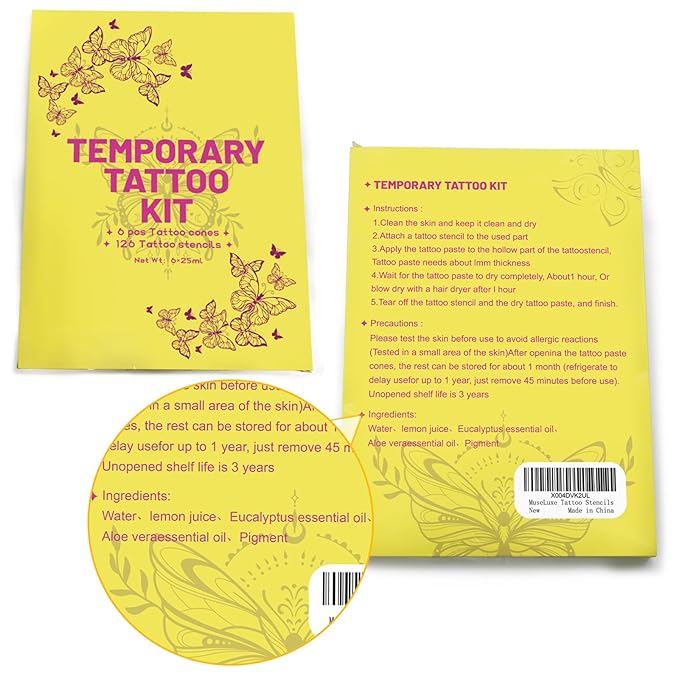 126 PCS Temporary Tattoos Stencils Kit,Temporary Tattoos Kit - 6 Pcs 2 Color(Brown Black) Ink with Gloves,DIY Body Art Painting for Women Men Adults Kids