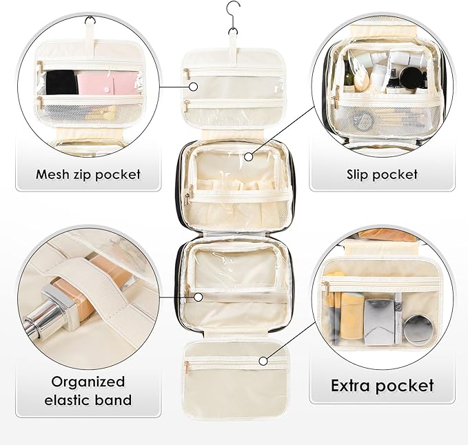 Travel Toiletry Bag Hanging Toiletry Bag for Women Water-resistant Cosmetic Makeup Bag for Full Sized Travel Essentials Must Have (Black)