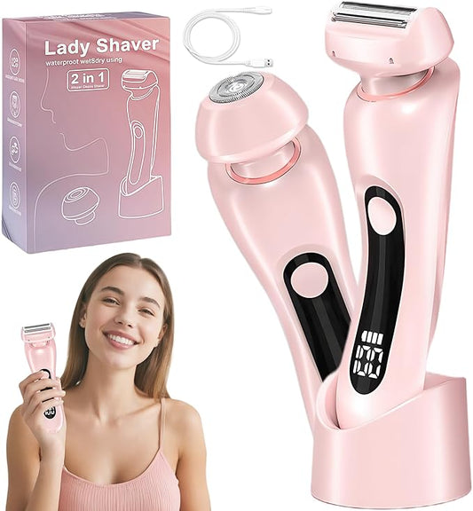 2 in 1 Electric Shaver for Women Wet Dry Dual Use IPX7 Waterproof with LED Display USB Recharge Dock Dry Use Body Hair Trimmer and Facial Hair Remover for Bikini Underarm Leg Arm Face (Pink)