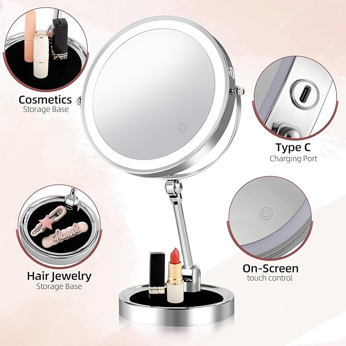8" Rechargeable Lighted Makeup Mirror with Magnification, Adjustable Height & Brightness 1X/10X Double Side Magnifying Mirror with Light, 3 Color Lighting 360° Rotation Storable Base, Chrome