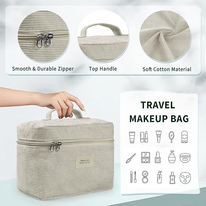 4 Pcs Makeup Bag for Women Corduroy Cosmetic Bag Aesthetic Cute Bags Multi Size Purse Pouch Travel Toiletry Bag Set Makeup Organizer with Zipper(Beige)