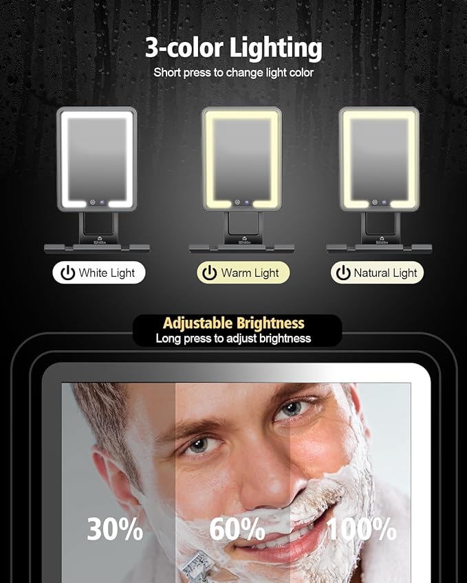 Lighted Shower Mirror Fogless for Shaving, Heated Fogless Shower Mirror with 3 Colors Stepless Dimmable Lights, Rechargeable Adjustable Shaving Mirror with Razor Stand, Brush Holder for Men