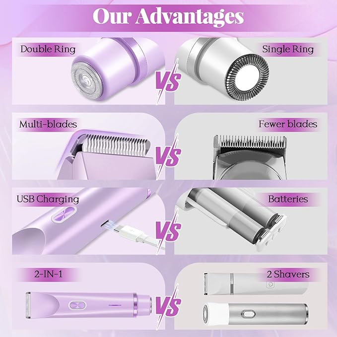 Bikini Trimmer for Women, 2 in 1 Dual Head Painless Electric Razors for Women, Dermave Bikini Shaver, Wet and Dry Waterproof Glow Aura Womens Shaver for Face, Legs, Underarm (Purple)