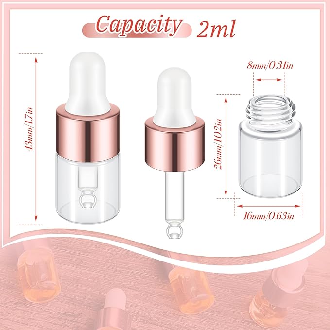 100 Pcs Mini Glass Oil Dropper Bottle Bulk, Clear Essential Small Empty Bottles Sample Containers Perfume Liquid Vials with Cap for Traveling (2 ml,Rose Gold)