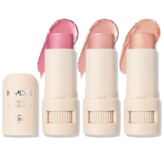 KYDA 3 Colors KYDA Mineral Color Balm, SPF 35, Buildable Shimmer Color for Lip and Cheek, Shimmer Cream Blush Stick, Lightweight Blendable, Multiuse Makeup Balm, PINK+BLUSH+SHY
