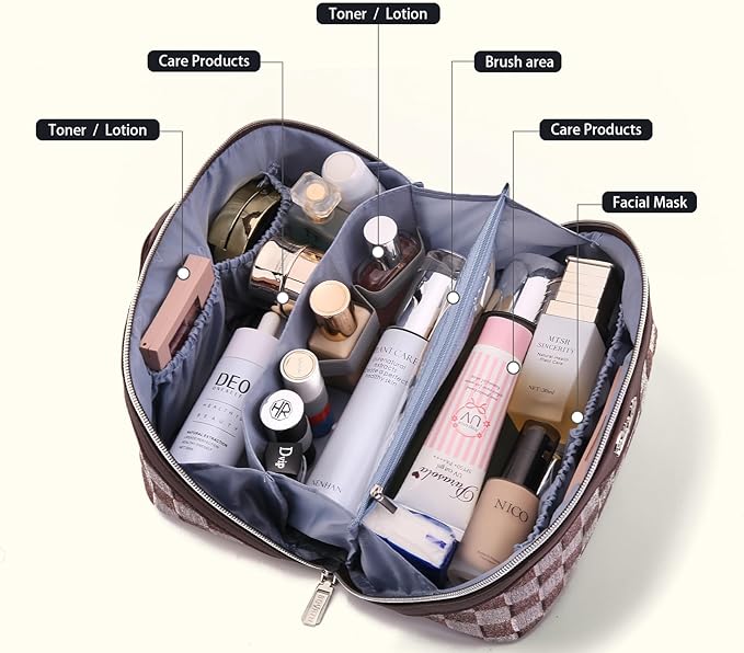 BOYATU Travel Makeup Bag for Women: Large Cosmetic Bag Set of 3 - PU Leather Make up Bag with Compartments - Compact Waterproof Toiletry Bag with Divider & Handle (C-03Brown)