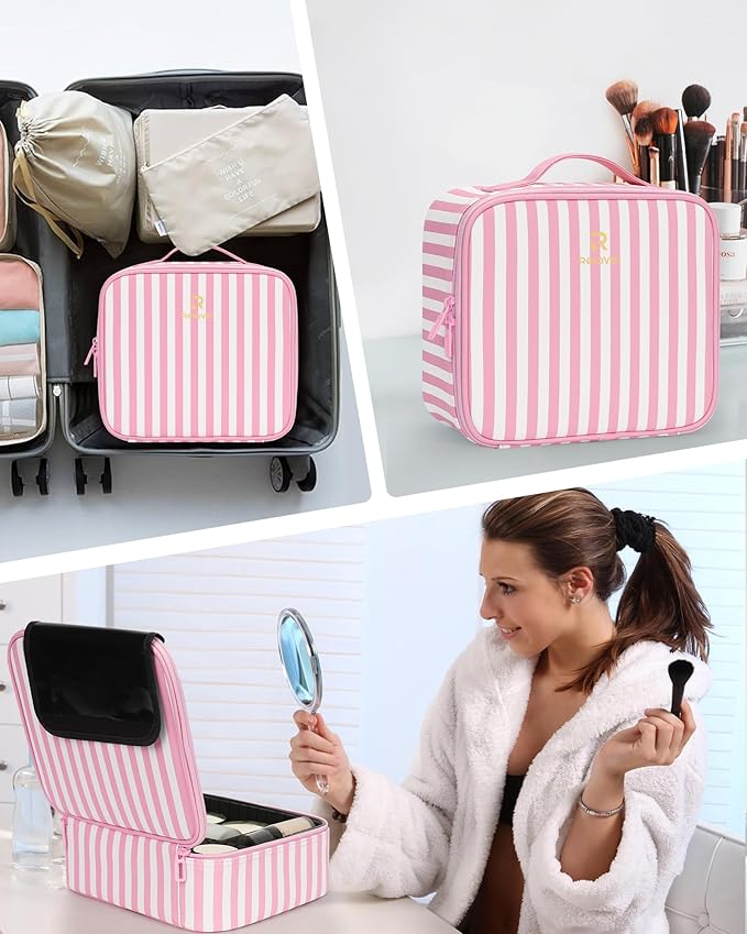 Relavel Travel Makeup Train Case, Cosmetic Case Makeup Organizer, Professional Artist Storage Bag with Adjustable Dividers for Cosmetics Brushes, Birthday Gifts for Girls and Women, Pink Stripe