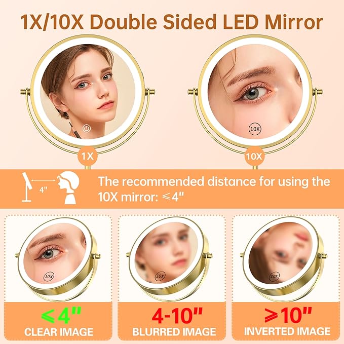 Gospire 7" Lighted Makeup Mirror with Magnification 10X/1X, Height Adjustable & 3 Color Dimmable Lights, 360° Swivel Double Sided Light up Rechargeable LED Cosmetic Vanity Cordless Standing Mirror