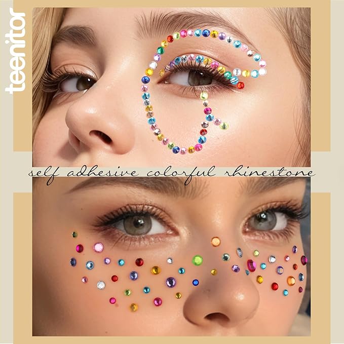 Teenitor Face Gems Self Adhesive Face Rhinestone Face Jewels, 650pcs Makeup Rhinestones, Stick On Rhinestones for Makeup, Gems for Face, Hair, Body, Eye