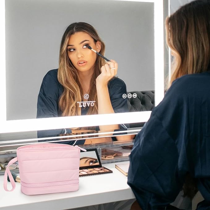 Ethereal Small Makeup Bag, Cute Puffy Travel Makeup Organizer Bag for Women Daily Double Layer Cosmetic Bag Portable Makeup Brush Bags, Pink