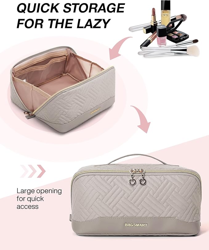 BAGSMART Makeup Bag Cosmetic Bag, Travel Makeup Bag,Water-resistent Makeup Bags for Women Portable Pouch Open Flat Make Up Organizer Bag for Toiletries, Brushes, Tranquil Gray