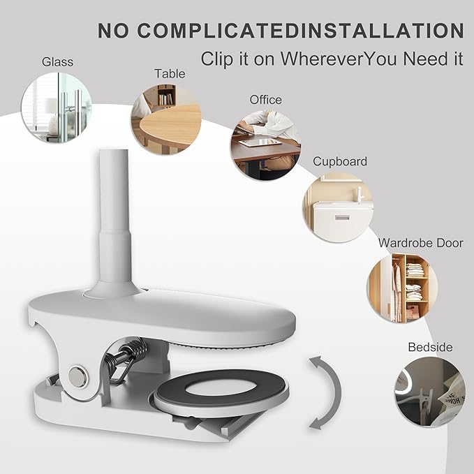 6.5" Clip on Vanity Makeup Mirror with Light, gooseneck Travel 10x Magnifying Mirror,USB Recharge (White 10X)