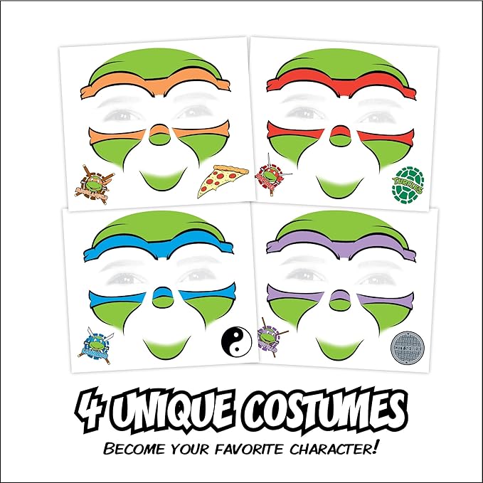 Teenage Mutant Ninja Turtles Costume Face Tattoos – Temporary Tattoo Set for Kids Featuring Leonardo, Donatello, Michelangelo & Raphael, Easy Halloween Costume Accessory, Non-Toxic & Skin-Safe