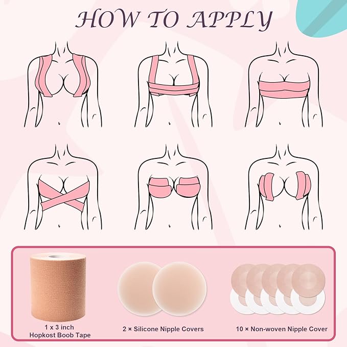 Boob Tape Breast Lift Tape for Large Breasts with 2 Pcs Nipple Covers Invisible Boobtape for A-G Cup(Beige,3 in)