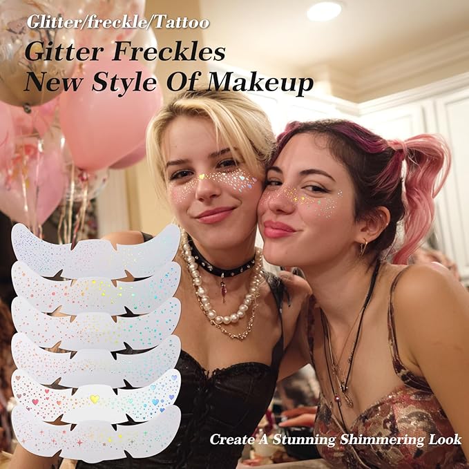 6 pcs Holographic Multicolour Glitter Freckles Face Tattoo, Waterproof Sparkle Face Glitter Speckles Patches for Women, Cute Star Glitter Temporary Tattoo Makeup Rave Accessories for Festival