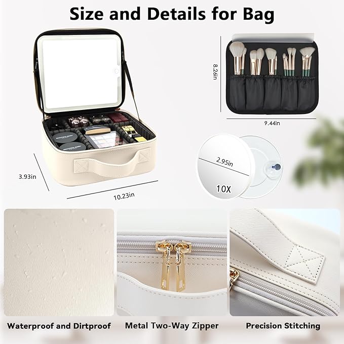 Travel Makeup Bag with LED Mirror and 10x magnifying glass with 3 Lighted Settings, Adjustable Dividers and Makeup Brush Storage Bag White
