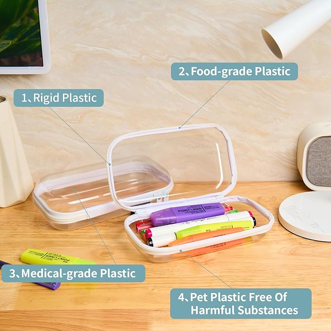 Set of 2 - Hard Sided Clear Zipper Case for Storage - Professional-Grade Plastic Hard Shell Zippered Organizers, Cosmetic Bag, Snack Bins