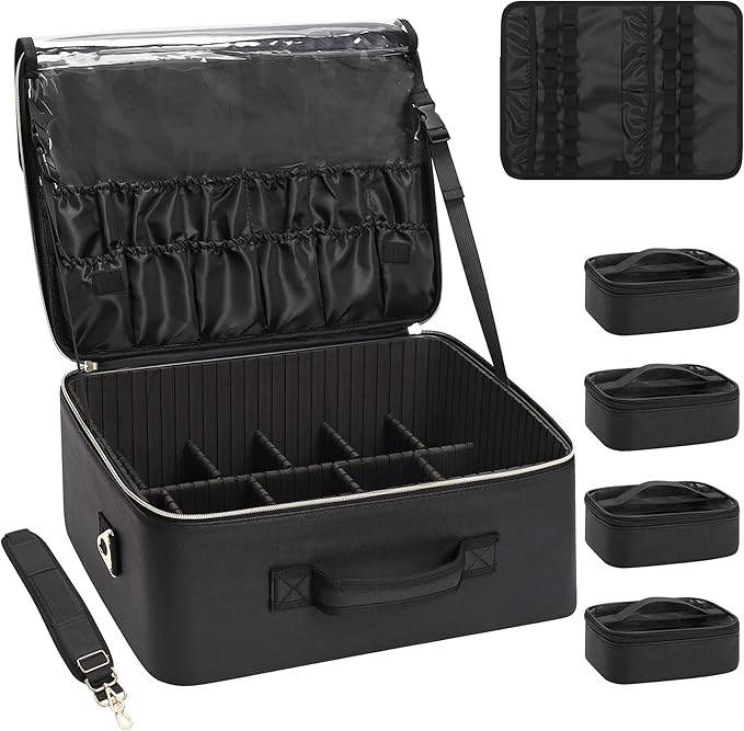 Relavel Extra Large Makeup Case Professional Cosmetic Storage Organizer Box Brush Holder with 4 Clear Set Bags for Makeup Artists with Shoulder Strap & Adjustable Dividers, Leather Black