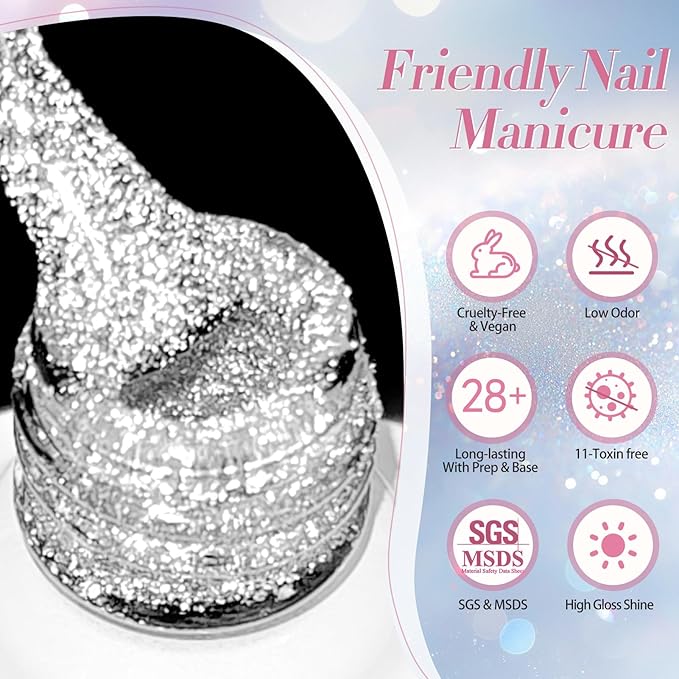 Born Pretty Reflective Glitter Gel Nail Polish, 6 Colors Holographic Gel Polish Long Lasting Sparkly Shiny Nail Polish U V Set for Manicure and Nail Art, DIY at Home, Salon-Quality 7ml