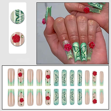 RUOKEXIN Square Press on Nails Long Fake Nails Green Sparkly Butterfly False Nails with 3D Rose Designs French Tip Nail Press ons Glossy Acrylic Artificial Nails for Women 24Pcs