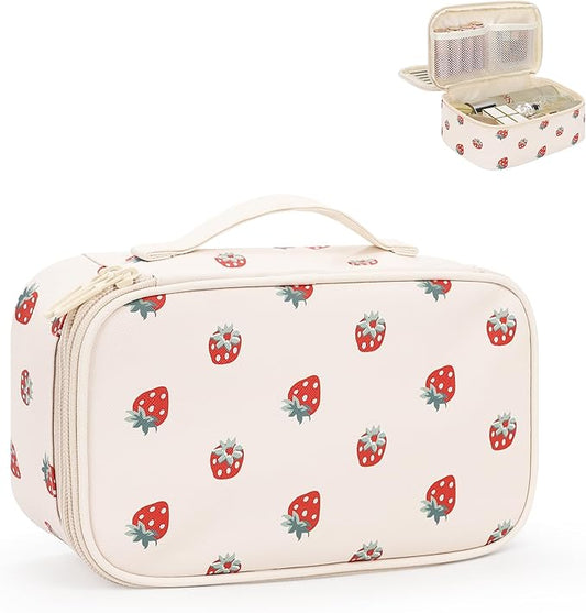 Relavel Makeup Bag, Small Makeup Bag for Women, Travel Cosmetic Bag, 2 Layers Waterproof Makeup Organizer Storage with Makeup Brush Holder, White Straberry