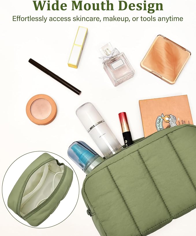 oscaurt 2 Pcs Makeup Bag Travel Toiletry Bag for Women Puffy Padded Cosmetic Pouch Purse Wide-open Makeup Organizer Case Travel Essentials