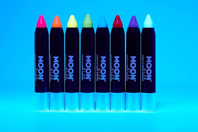 Moon Glow - Blacklight Neon Face Paint Stick / Body Crayon makeup for the Face & Body - Intense set of 8 colours - Glows brightly under blacklights