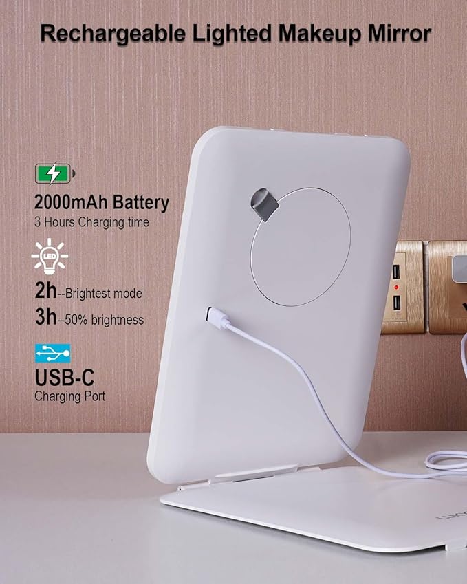 7x9.5 Inches Lighted Travel Mirror with 10X Magnifying Round Mirror, Rechargeable Battery, USB-C Charging, 78 LEDs, Tabletop Mount