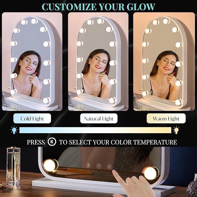 LUXFURNI Vanity Mirror with Lights, 24.5" x 15.8" Arched LED Makeup Mirror, Lighted Hollywood Mirror with Lights, Smart Touch Control Dimmable 3 Modes Light, White