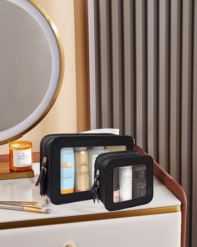 2 Pcs Travel Clear Makeup Bag Set, Clear White Makeup Organizer with Zipper Leather Travel Bags for Toiletries Small Cosmetic Bags for Women Mini Make up Pouch Toiletry Bags Car Essentials