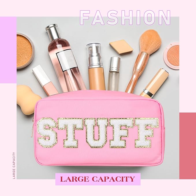 Cunno 4 Pcs Preppy Makeup Bags Chenille Letter Stuff Bag Nylon Cosmetic Pouch Cases with Zipper for Women Travel Toiletry