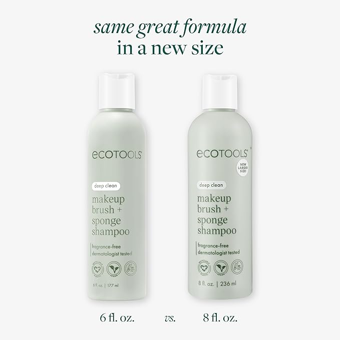 EcoTools Makeup Brush + Sponge Shampoo, Remove Makeup & Impurities From Tools, Sponges, & Puffs, Fragrance-Free Brush Cleanser, No Harsh Chemicals, Vegan, & Cruelty-Free, 8 fl. oz./236 ml. Bottle