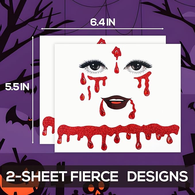 Crystal Bleeding Face Gems, Scar Jewels, Fake Red Blood Gem Tattoo Stick on Eye for Men Women Kids Halloween Prank Makeup Costume, 2-Pack