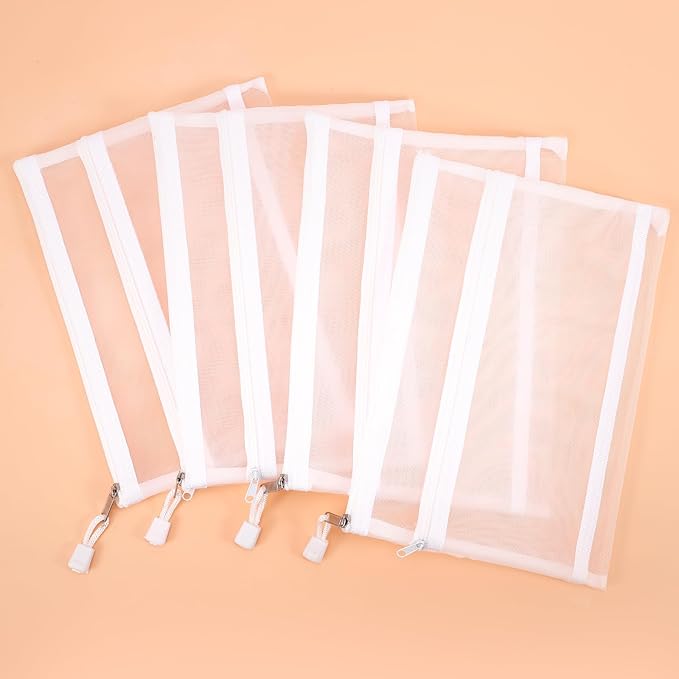 12 Pieces Zipper Nylon Mesh Pouch, Mesh Cosmetic Bags Makeup Bags Pencil Case, Multipurpose Travel Bags for Cosmetic School Office Supplies and Travel Accessories (2 Layers-White, A5)