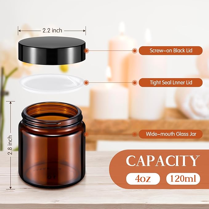 Norme 24 Pcs 4 oz Glass Jars with Lids Leakproof Round Airtight Empty Cosmetic Jars with Inner Liners Lid for Storing Lotions Powder Ointments Candle Making Tins (Black,Amber)