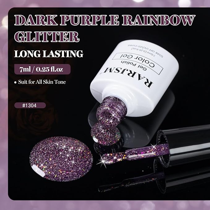 RARJSM Dark Purple Reflective Glitter Gel Nail Polish Holographic Rainbow Iridescent Sparkle Flash Diamond Shimmer LED UV Soak Off Gelpolish Nail Art Manicure Salon DIY at Home 1pcs 7.5ml