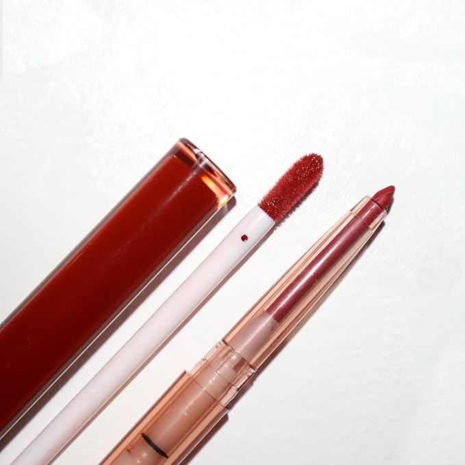 Lip Liner & Lip Glaze Set, Waterproof Smooth Lip Liner, Long Lasting Matte Lip Glaze, Velvet Lip Glow, 2 Pcs, Nude Lipstick, 5 Colors (03#Rose Cocktail)