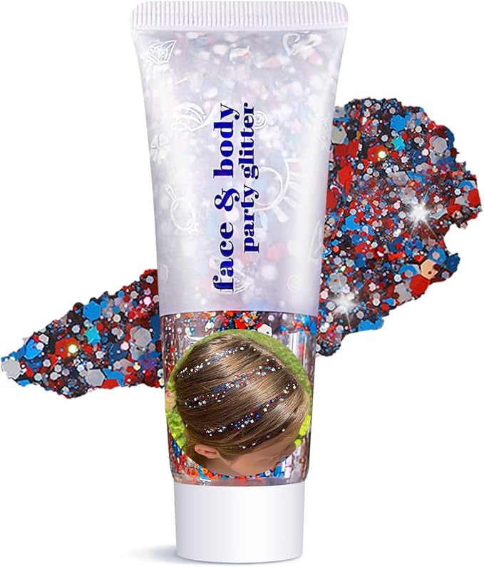 Body Glitter Gel - Sparkly Chunky Glitter Hair for Kids Women, Iridescent Glitter Freckles, Halloween Christmas Singer Concert Festival Rave Accessories (Fourth of July Body Glitter)